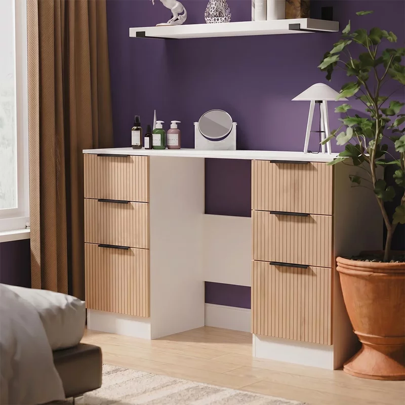 Photo 1 of Java fluted dressing table - 6 drawer - double - natural and white Photo 1 of Java fluted dressing table - 6 drawer - double - natural and white