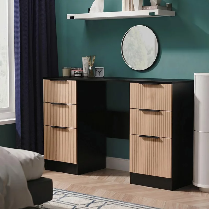 Photo 1 of Java fluted dressing table - 6 drawer - double - natural and black Photo 1 of Java fluted dressing table - 6 drawer - double - natural and black