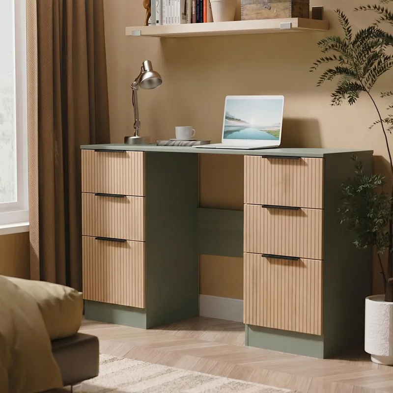 Photo 1 of Java fluted dressing table - 6 drawer - double - natural and reed green Photo 1 of Java fluted dressing table - 6 drawer - double - natural and reed green