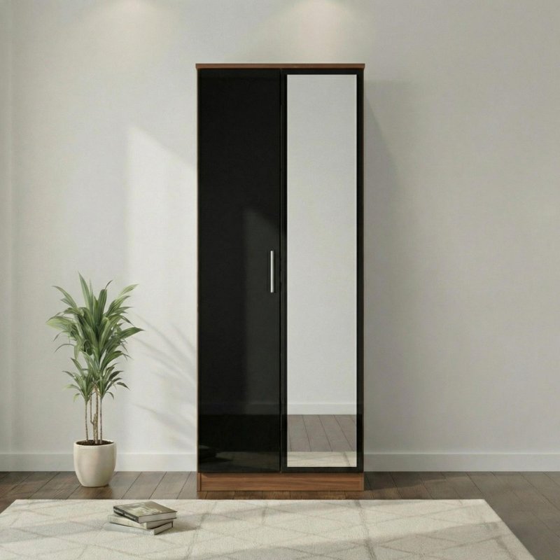 Photo 1 of Knightsbridge wardrobe - 2 door - 1 mirror - tall - black gloss and walnut Photo 1 of Knightsbridge wardrobe - 2 door - 1 mirror - tall - black gloss and walnut