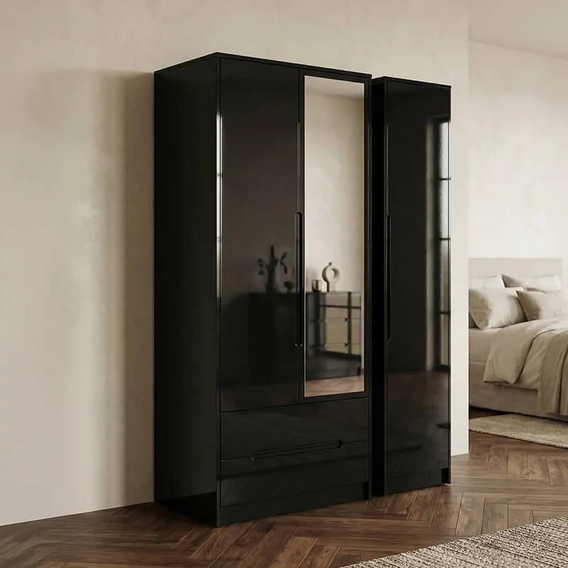 Photo 1 of Monaco wardrobe - 3 door - 1 mirror - lhf 2 drawer - tall - combi - black gloss Photo 1 of Monaco wardrobe - 3 door - 1 mirror - lhf 2 drawer - tall - combi - black gloss