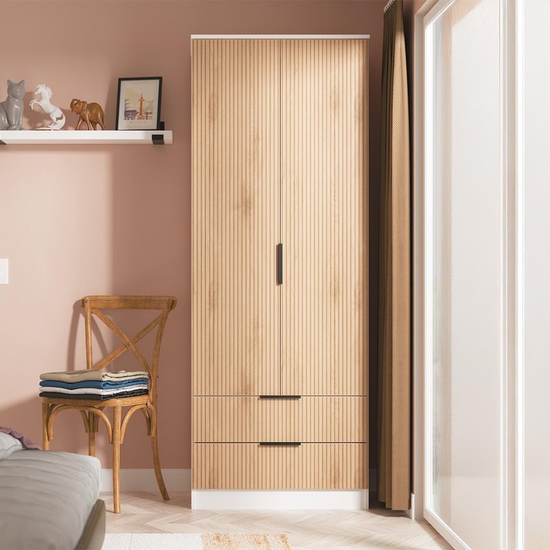 Photo 1 of Java fluted wardrobe - 2 door - 2 drawer - tall robe - natural and white Photo 1 of Java fluted wardrobe - 2 door - 2 drawer - tall robe - natural and white
