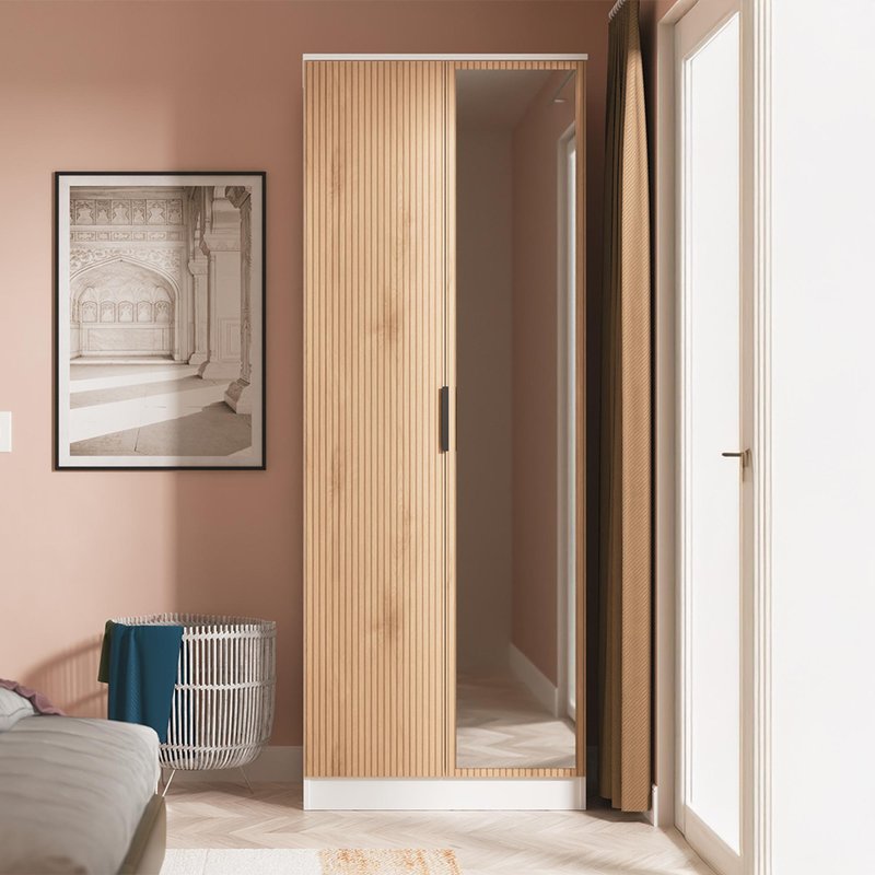 Photo 1 of Java fluted wardrobe - 2 door - tall - 1 mirror - natural and white Photo 1 of Java fluted wardrobe - 2 door - tall - 1 mirror - natural and white
