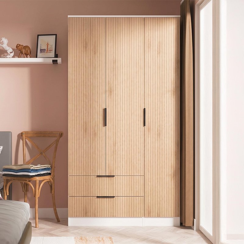 Photo 1 of Java fluted wardrobe - 3 door - 2 drawer - tall triple - natural and white Photo 1 of Java fluted wardrobe - 3 door - 2 drawer - tall triple - natural and white