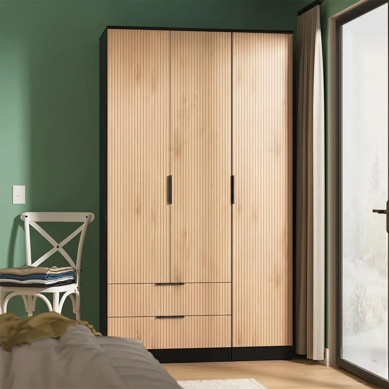 Photo 1 of Java fluted wardrobe - 3 door - 2 drawer - tall triple - natural and black Photo 1 of Java fluted wardrobe - 3 door - 2 drawer - tall triple - natural and black