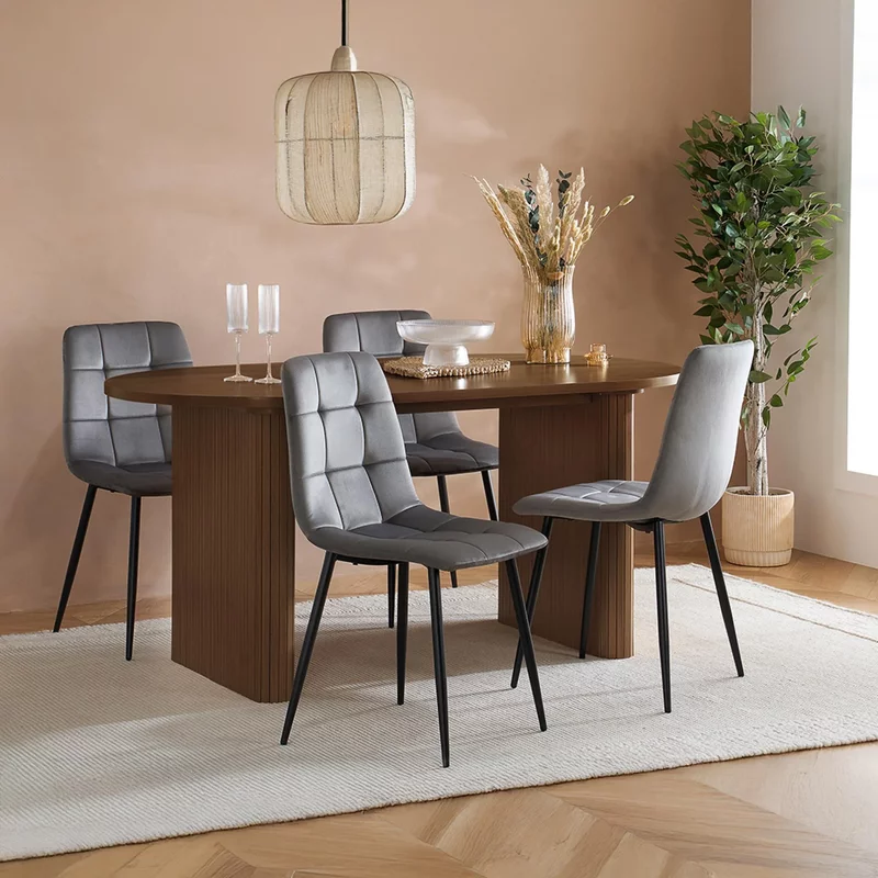 Photo 1 of Axel oval dining set - 6 seater - 160cm - with 4 grey chairs - walnut fluted Photo 1 of Axel oval dining set - 6 seater - 160cm - with 4 grey chairs - walnut fluted