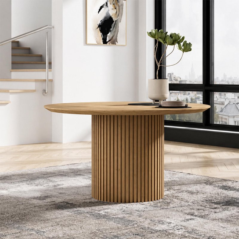 Photo 1 of Timo dining table - round - with slatted base - lacquered oak - variation available Photo 1 of Timo dining table - round - with slatted base - lacquered oak - variation available
