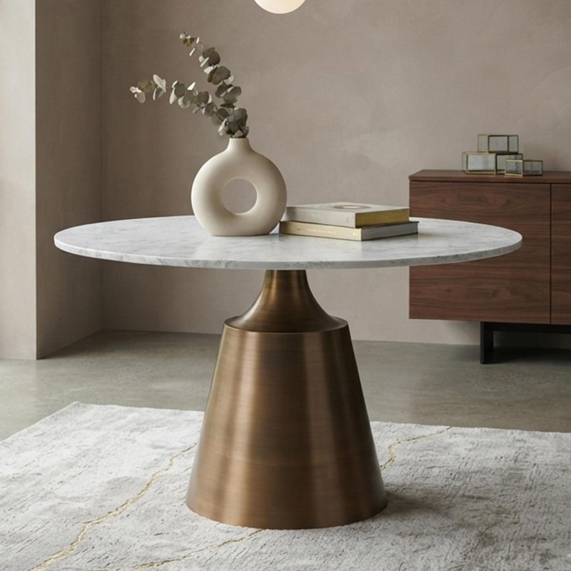 Photo 1 of Olive dining table - 120cm - 4 seater - round - column base - white and bronze - marble effect and metal Photo 1 of Olive dining table - 120cm - 4 seater - round - column base - white and bronze - marble effect and metal