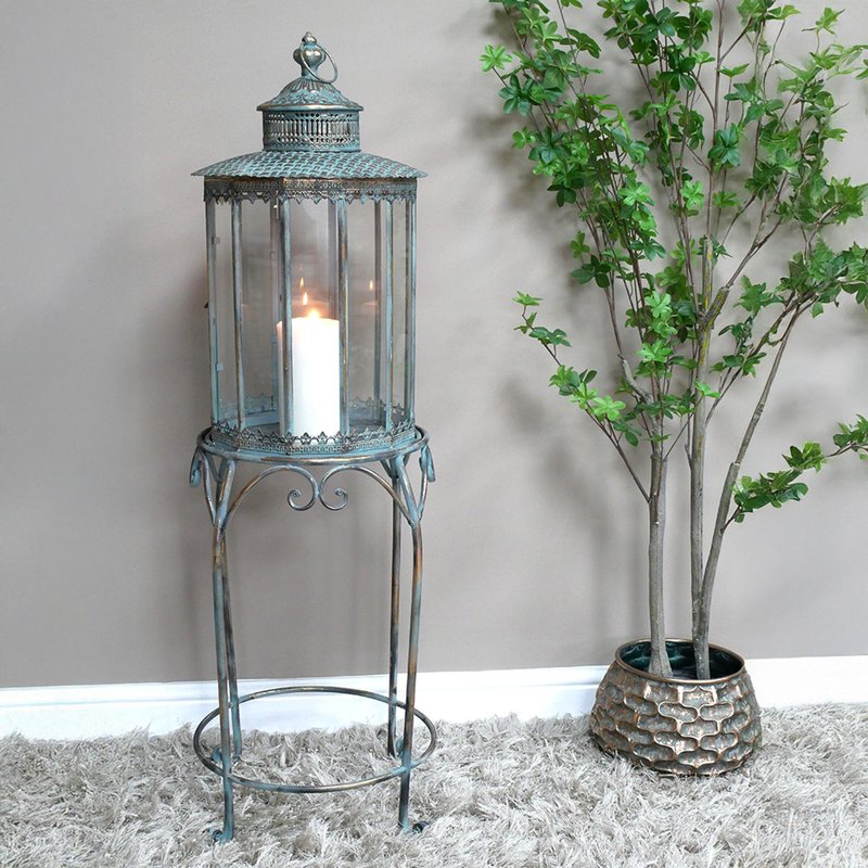 Photo 1 of Blue metal lantern - large - with stand Photo 1 of Blue metal lantern - large - with stand