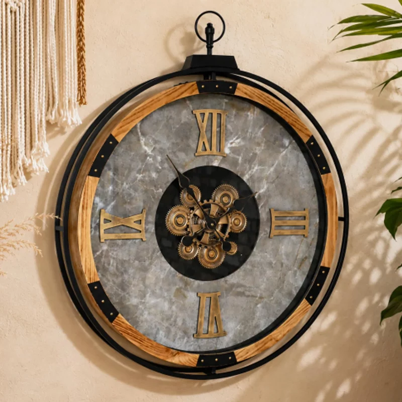 Photo 1 of Wall clock - with cogs - round - wood and marble effect Photo 1 of Wall clock - with cogs - round - wood and marble effect