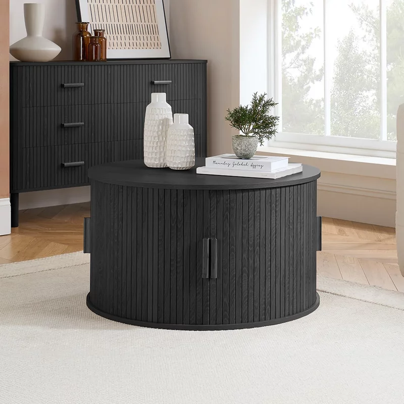 Photo 1 of Axel coffee table - round - 2 door - black fluted Photo 1 of Axel coffee table - round - 2 door - black fluted