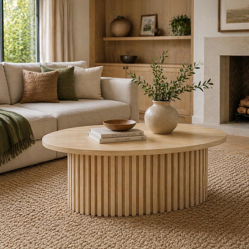 Photo 1 of Timo coffee table - oval - with slatted base - lacquered oak - variation available Photo 1 of Timo coffee table - oval - with slatted base - lacquered oak - variation available