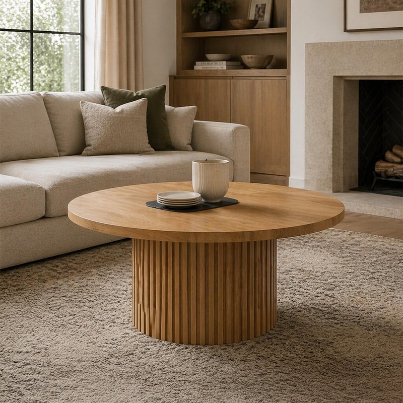 Photo 1 of Timo coffee table - round - with slatted base - lacquered oak - variation available Photo 1 of Timo coffee table - round - with slatted base - lacquered oak - variation available