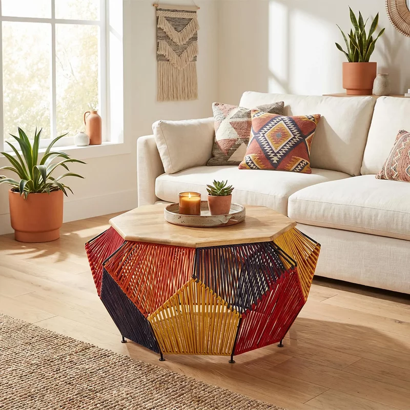 Photo 1 of Fusion coffee table - mango wood with multicoloured woven octagonal design Photo 1 of Fusion coffee table - mango wood with multicoloured woven octagonal design