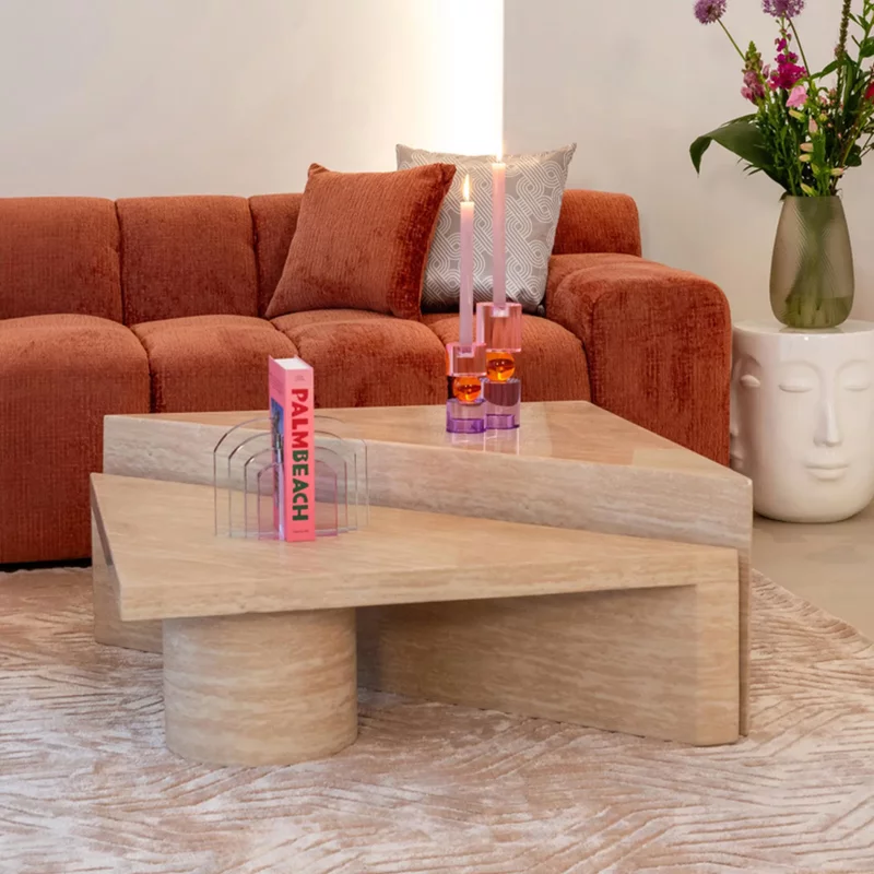 Photo 1 of Fictus travertine beige traingular 2 tier coffee tables Photo 1 of Fictus travertine beige traingular 2 tier coffee tables