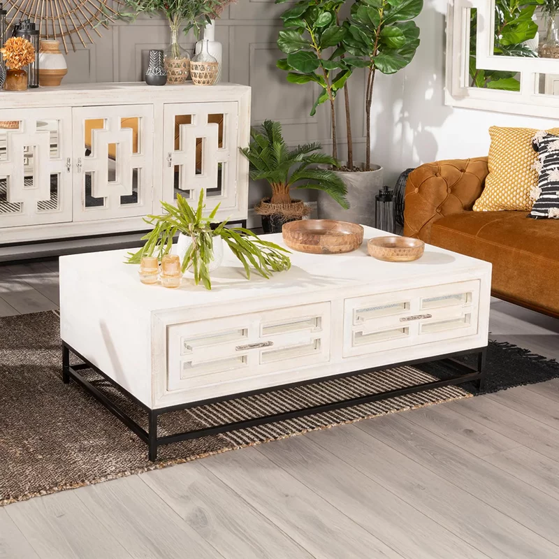 Photo 1 of Clearance - geo coffee table - 2 drawer - white mirrored Photo 1 of Clearance - geo coffee table - 2 drawer - white mirrored
