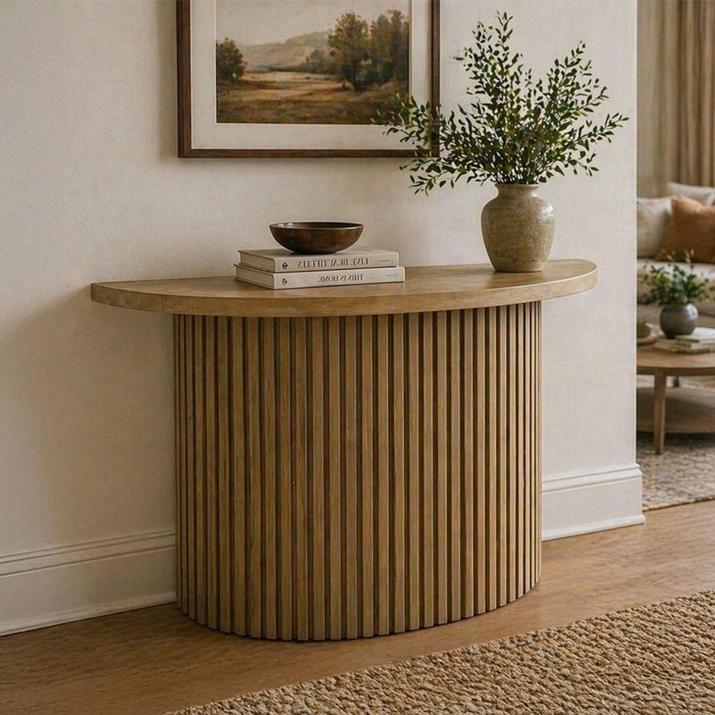 Photo 1 of Timo console table - half moon - with slatted base - oiled oak - variation available Photo 1 of Timo console table - half moon - with slatted base - oiled oak - variation available