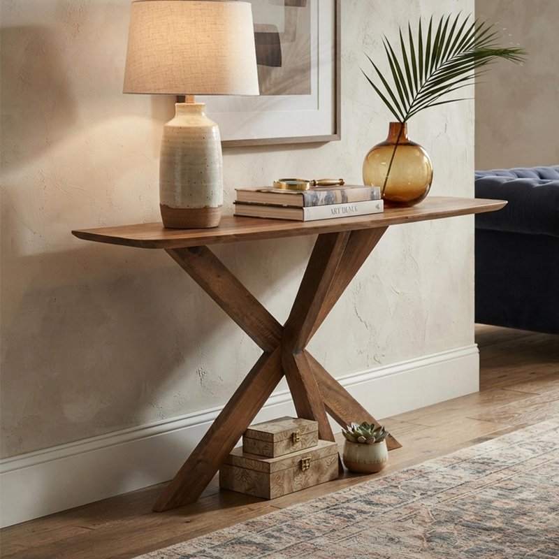 Photo 1 of Console table - sculptural cross base - natural - mango wood Photo 1 of Console table - sculptural cross base - natural - mango wood