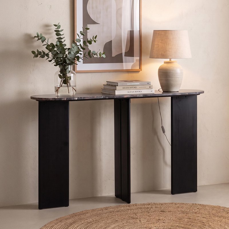 Photo 1 of Mathilde console table - oval - panel base - black and peach - marble top Photo 1 of Mathilde console table - oval - panel base - black and peach - marble top