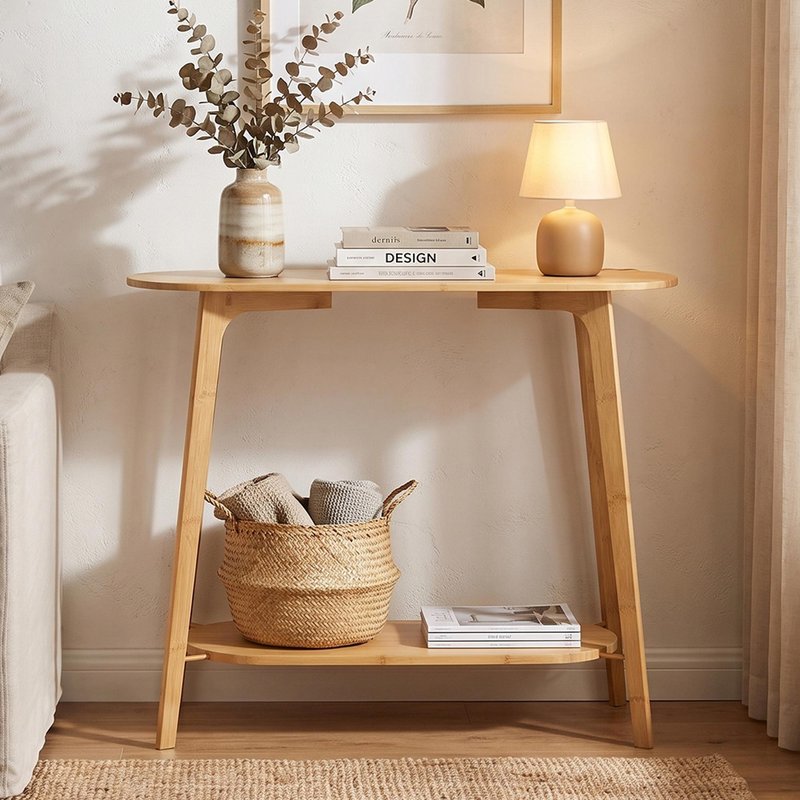 Photo 1 of Curved console table - oval - natural - bamboo wood Photo 1 of Curved console table - oval - natural - bamboo wood