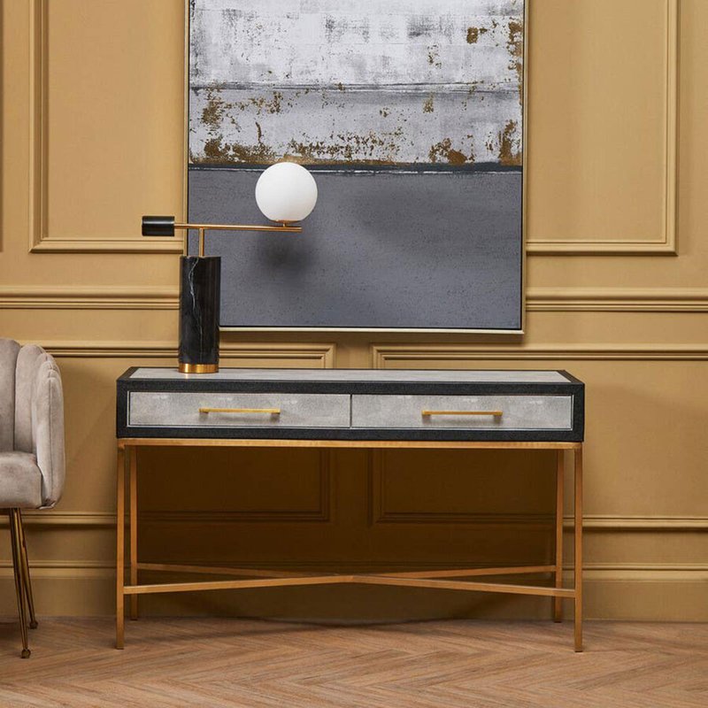 Photo 1 of Cadio console table - 2 drawer - grey faux shagreen with gold legs Photo 1 of Cadio console table - 2 drawer - grey faux shagreen with gold legs
