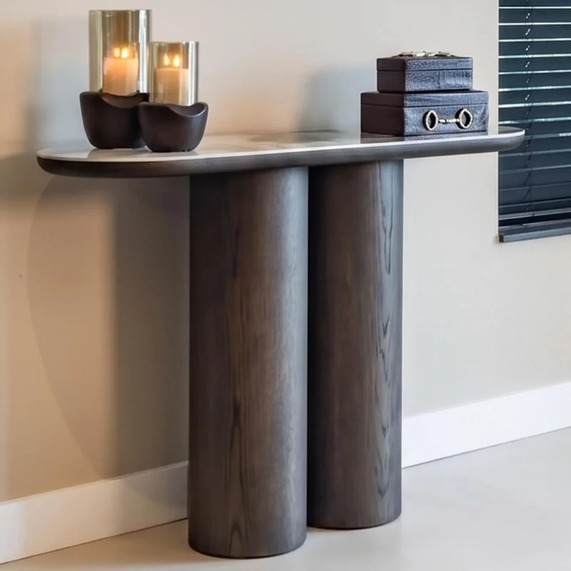 Photo 1 of Langford console table - oval - brown - ceramic and oak Photo 1 of Langford console table - oval - brown - ceramic and oak