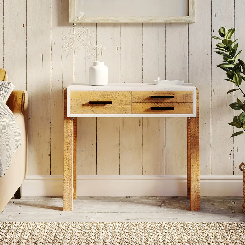 Photo 1 of Trinity reclaimed wood & white console table - 3 drawer Photo 1 of Trinity reclaimed wood & white console table - 3 drawer