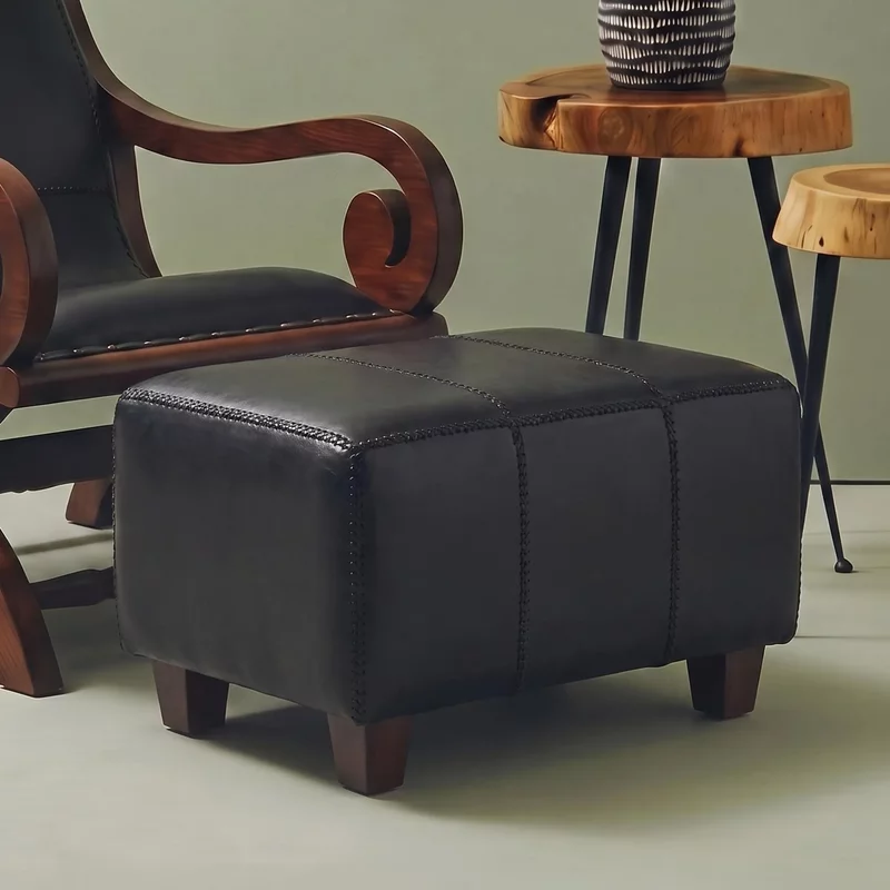 Photo 1 of Inca footstool - black leather Photo 1 of Inca footstool - black leather