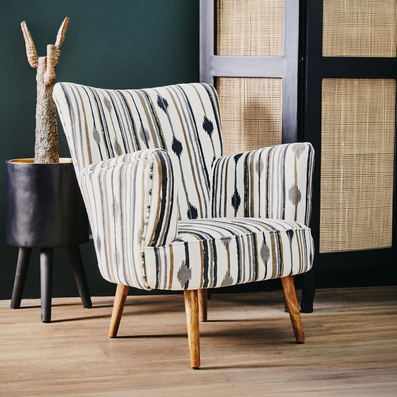Photo 1 of Cefena armchair - white and black fabric with flared arms Photo 1 of Cefena armchair - white and black fabric with flared arms