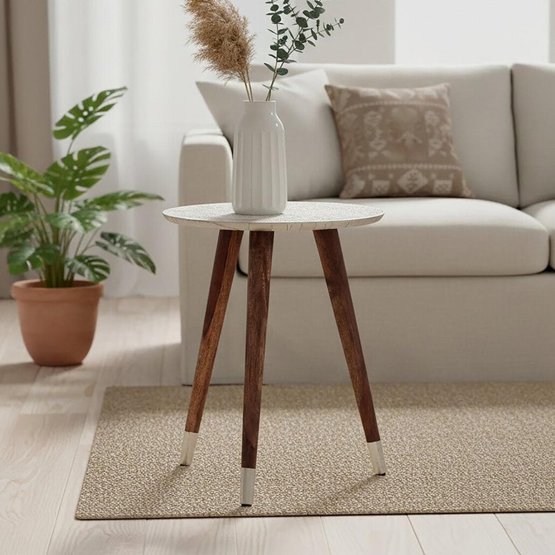 Photo 1 of Boho side table - white carved - round Photo 1 of Boho side table - white carved - round