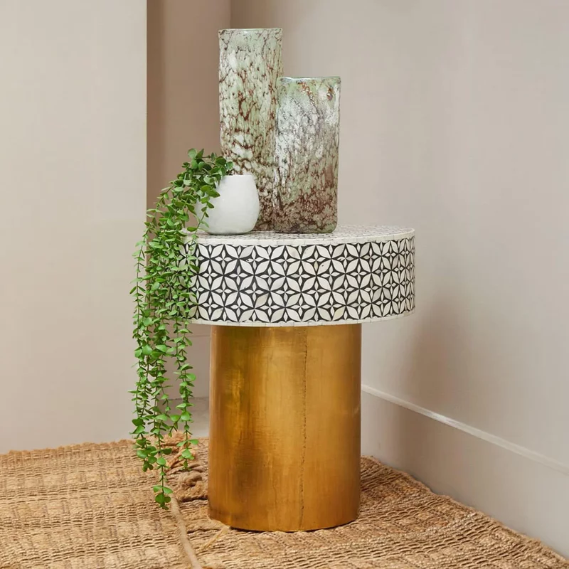 Photo 1 of Fusion side table - round - white bone inlay with gold base Photo 1 of Fusion side table - round - white bone inlay with gold base