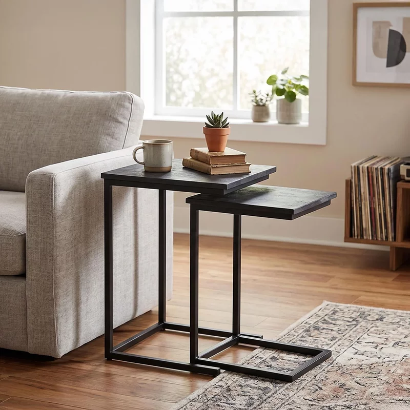 Photo 1 of Norris side table - 2 tier - charcoal - rustic mango wood Photo 1 of Norris side table - 2 tier - charcoal - rustic mango wood