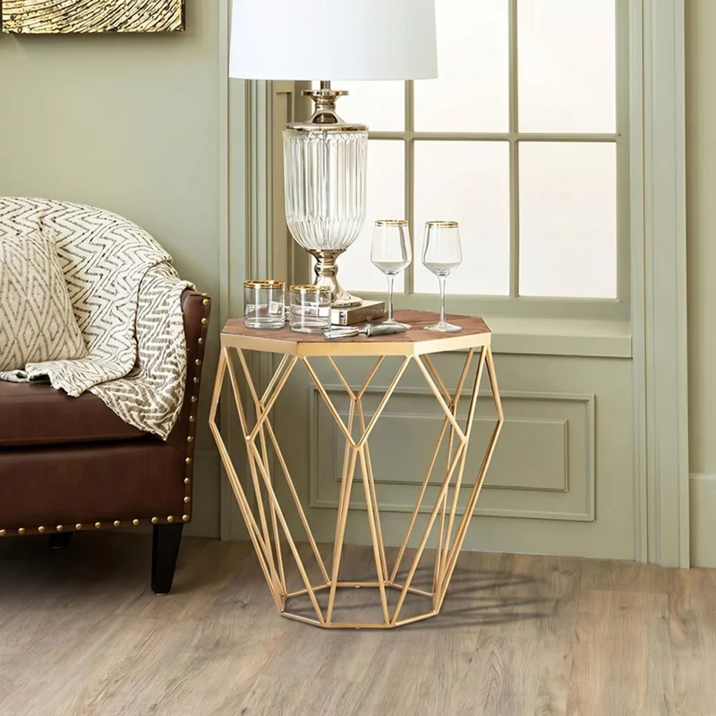 Photo 1 of Jodi side table - octagonal - elm wood with gold metal Photo 1 of Jodi side table - octagonal - elm wood with gold metal