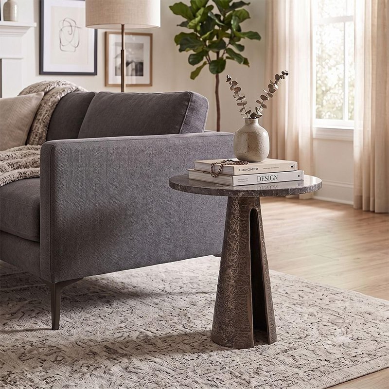 Photo 1 of Eldora end table - round - cone base - bronze - travertine and metal Photo 1 of Eldora end table - round - cone base - bronze - travertine and metal
