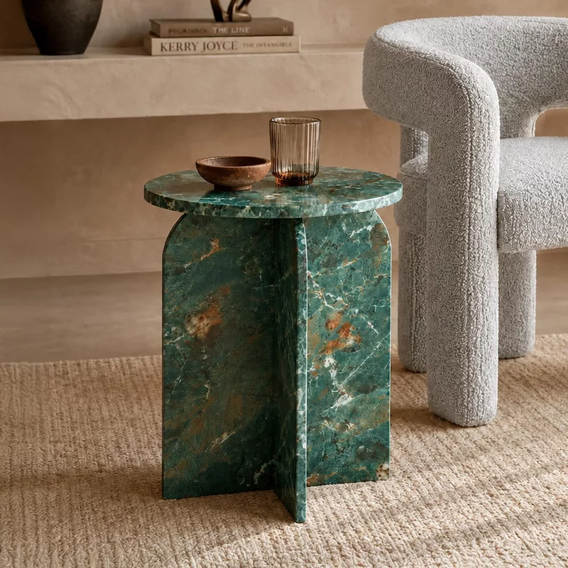 Photo 1 of Arco side table - round - curved base - amazon green - marble effect Photo 1 of Arco side table - round - curved base - amazon green - marble effect