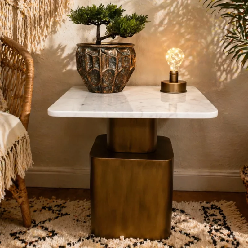 Photo 1 of Side table - square - white and antique gold - marble and metal Photo 1 of Side table - square - white and antique gold - marble and metal