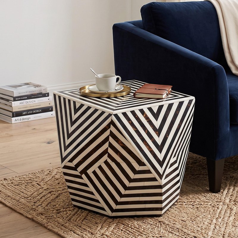 Photo 1 of Side table - hexagon - black and white - bone inlay Photo 1 of Side table - hexagon - black and white - bone inlay