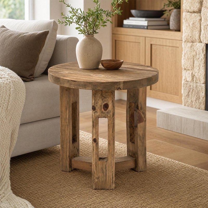 Photo 1 of Side table - round - open frame base - brown - recycled wood Photo 1 of Side table - round - open frame base - brown - recycled wood