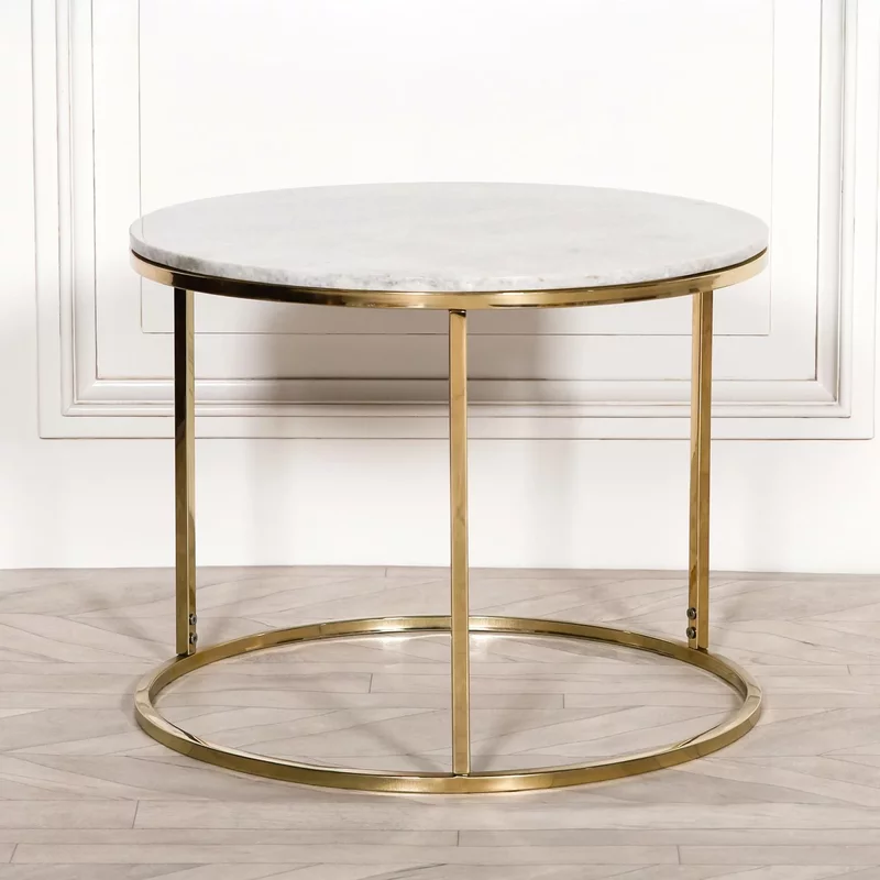 Photo 1 of Side table with gold frame - white marble - round Photo 1 of Side table with gold frame - white marble - round