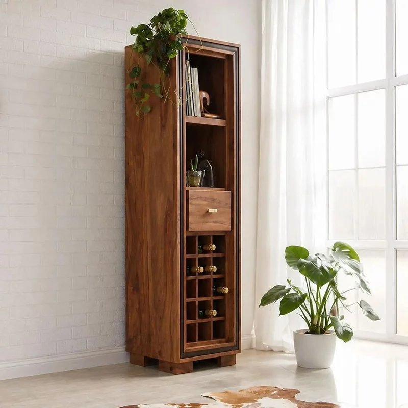 Photo 1 of Jodhpur wine rack - 1 drawer - tall - with wine rack - solid sheesham wood Photo 1 of Jodhpur wine rack - 1 drawer - tall - with wine rack - solid sheesham wood