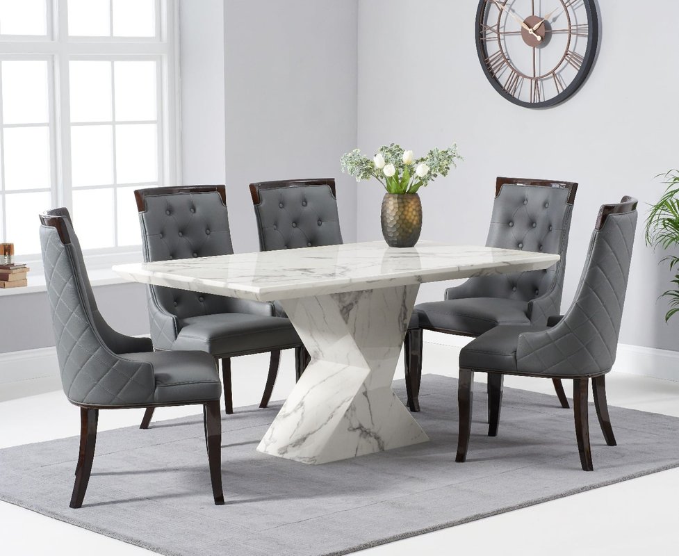 Photo of Aaron 160cm marble white dining table with 8 grey francesca chairs Photo of Aaron 160cm marble white dining table with 8 grey francesca chairs