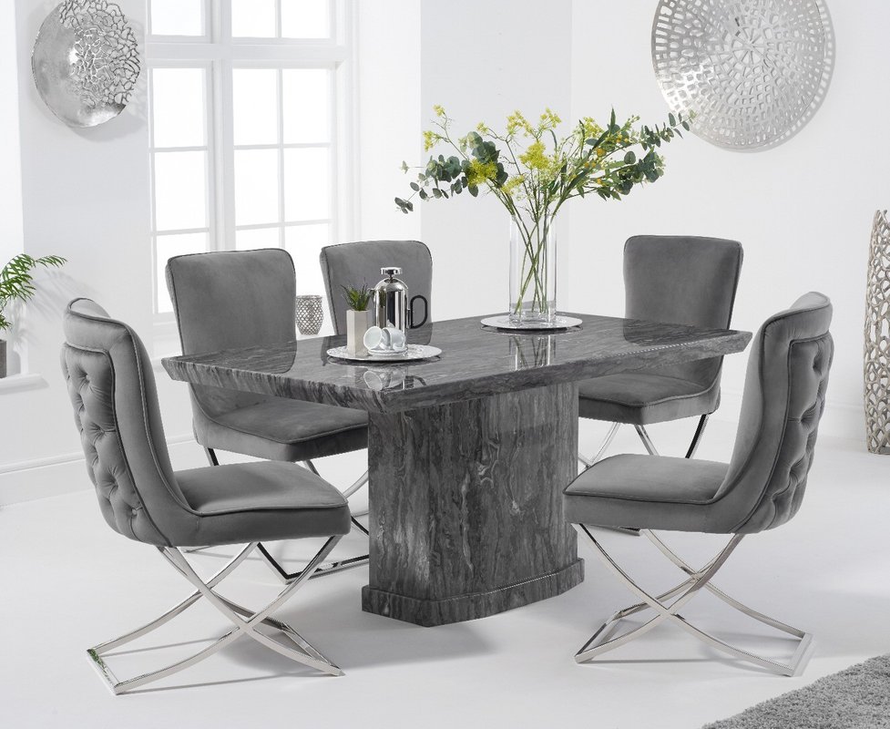 Photo of Carvelle 160cm grey marble table with 6 grey lorenzo chairs Photo of Carvelle 160cm grey marble table with 6 grey lorenzo chairs