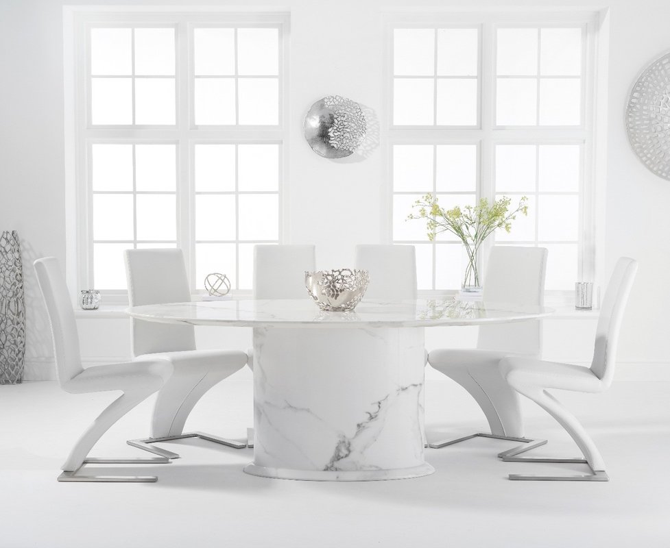 Photo of Colby 200cm white oval marble dining table with 6 white aldo chairs Photo of Colby 200cm white oval marble dining table with 6 white aldo chairs
