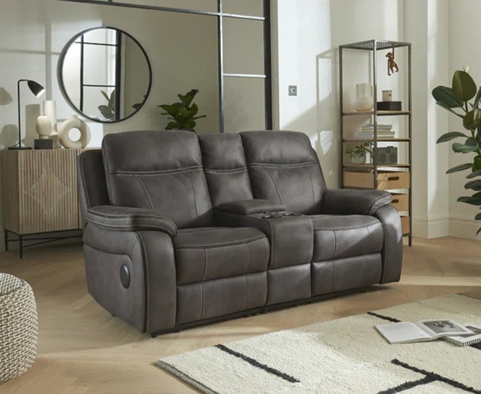 Photo of Hanson graphite fabric 2 seater recliner sofa with media console Photo of Hanson graphite fabric 2 seater recliner sofa with media console