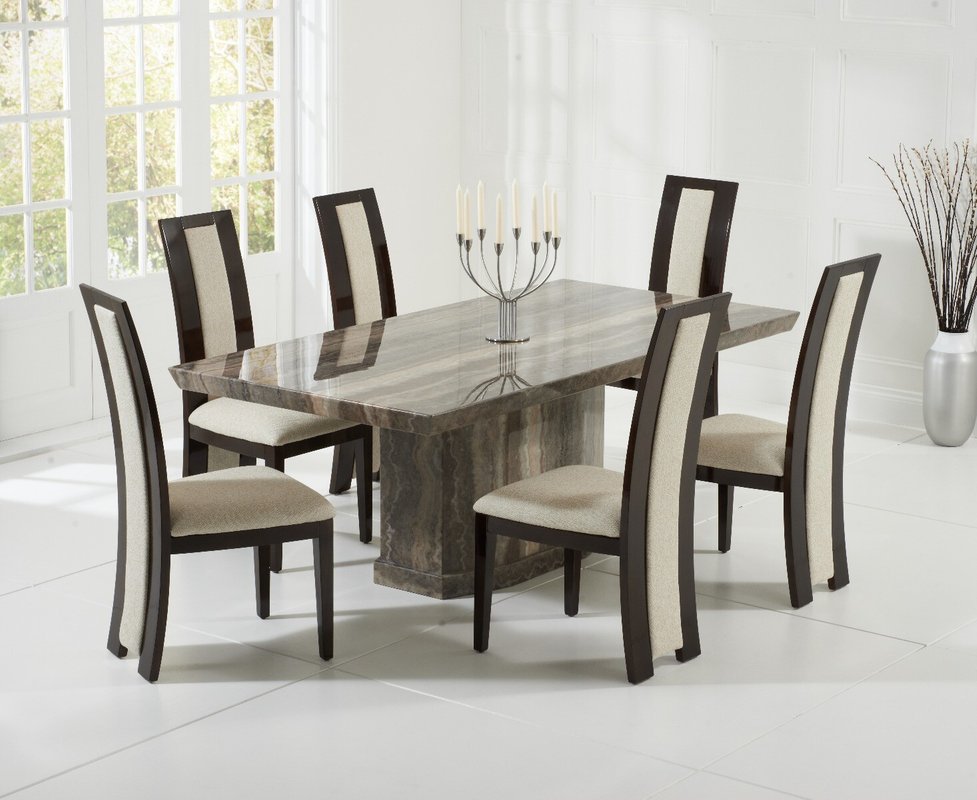 Photo of Carvelle 160cm brown pedestal marble dining table with 6 brown novara chairs Photo of Carvelle 160cm brown pedestal marble dining table with 6 brown novara chairs