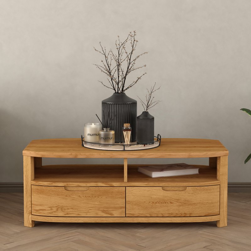 Photo of Somerton curved solid oak 4 drawer coffee table Photo of Somerton curved solid oak 4 drawer coffee table