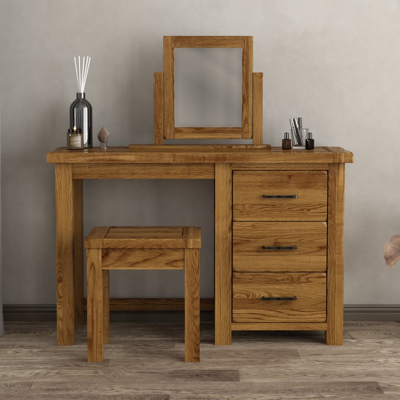 Photo of Rustic solid oak dressing table set | table- mirror & stool Photo of Rustic solid oak dressing table set | table- mirror & stool