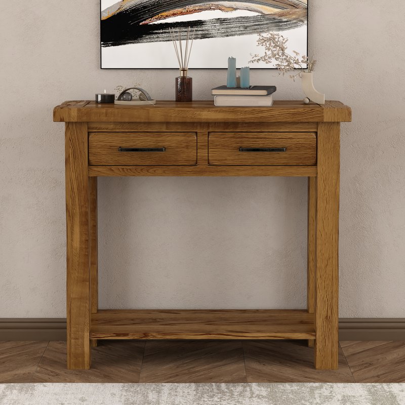 Photo of Rustic solid oak console table | 2 dovetail drawers & shelf Photo of Rustic solid oak console table | 2 dovetail drawers & shelf