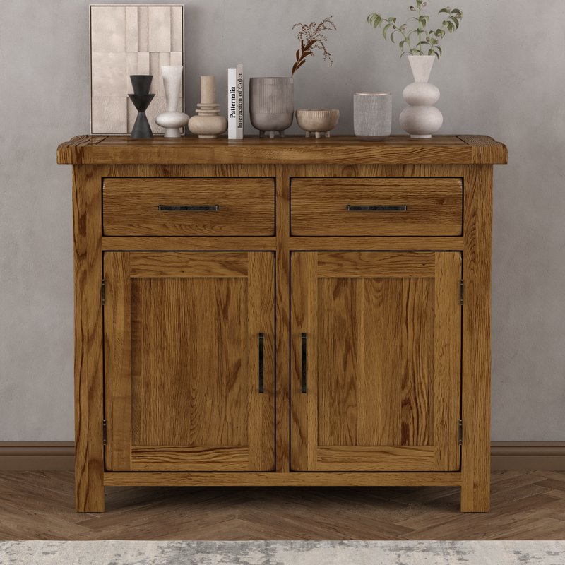 Photo of Rustic solid oak small sideboard | 2 doors- 2 dovetail drawers Photo of Rustic solid oak small sideboard | 2 doors- 2 dovetail drawers