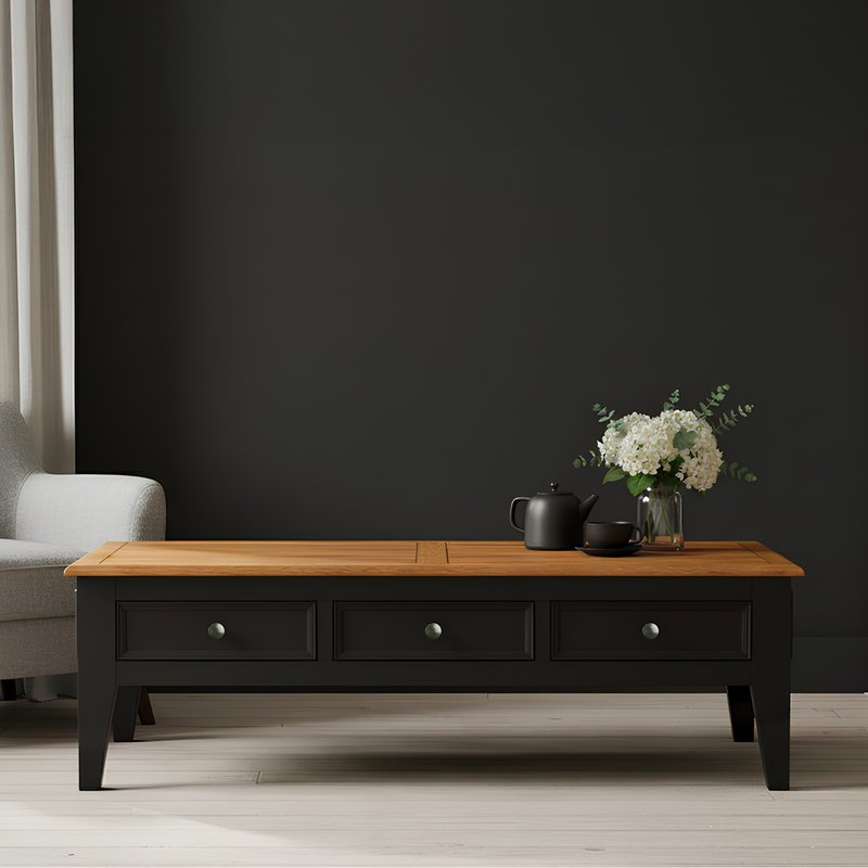 Photo of Charlton oak and black painted extra large 6 drawer coffee table Photo of Charlton oak and black painted extra large 6 drawer coffee table